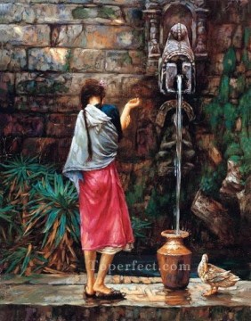 女性 Painting - 噴水のそばの女の子